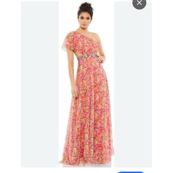 Mac Duggal Floral Print 9157 One Shoulder Asymmetrical Gown Embellish Waist Sz 6 - Picture 1 of 14